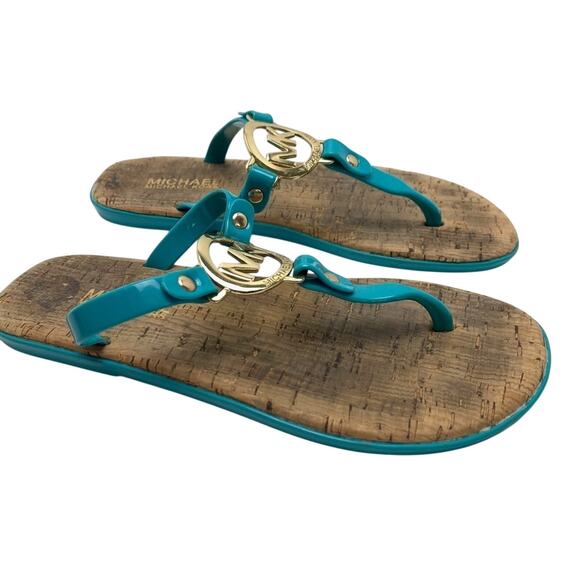 Michael Kors Teal Blue Gold Logo Thongs Sandals Flip Flops Shoes Flats sz 6 - Picture 1 of 16